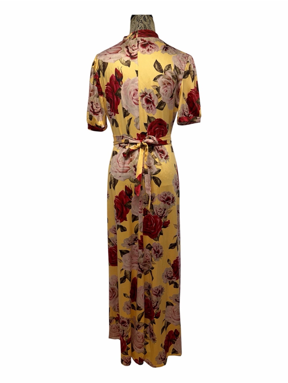 Floral Maxi Dress XL Yellow Pink Rose Print Empire Waist Keyhole Neck - Picture 2 of 6